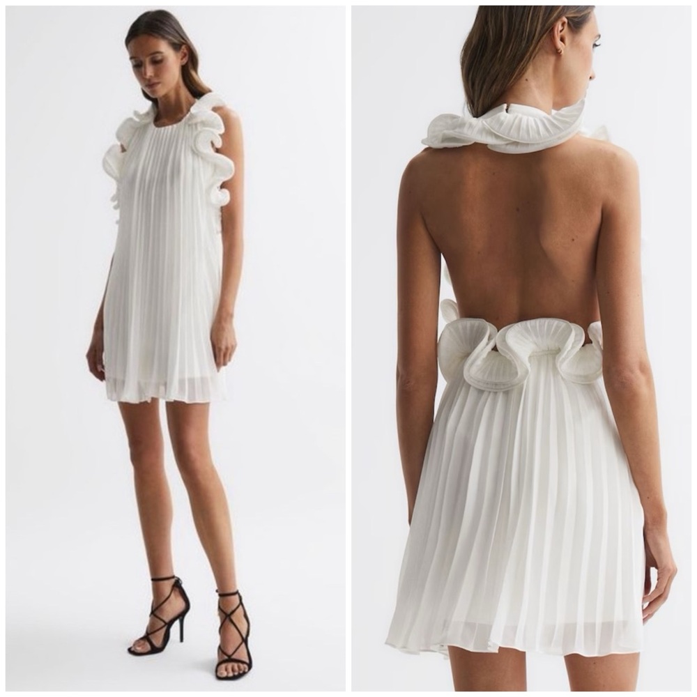 AMUR White Ruffled Pleated Mini Dress